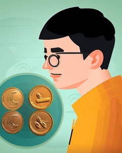Coin Collector with moustache and four coins
